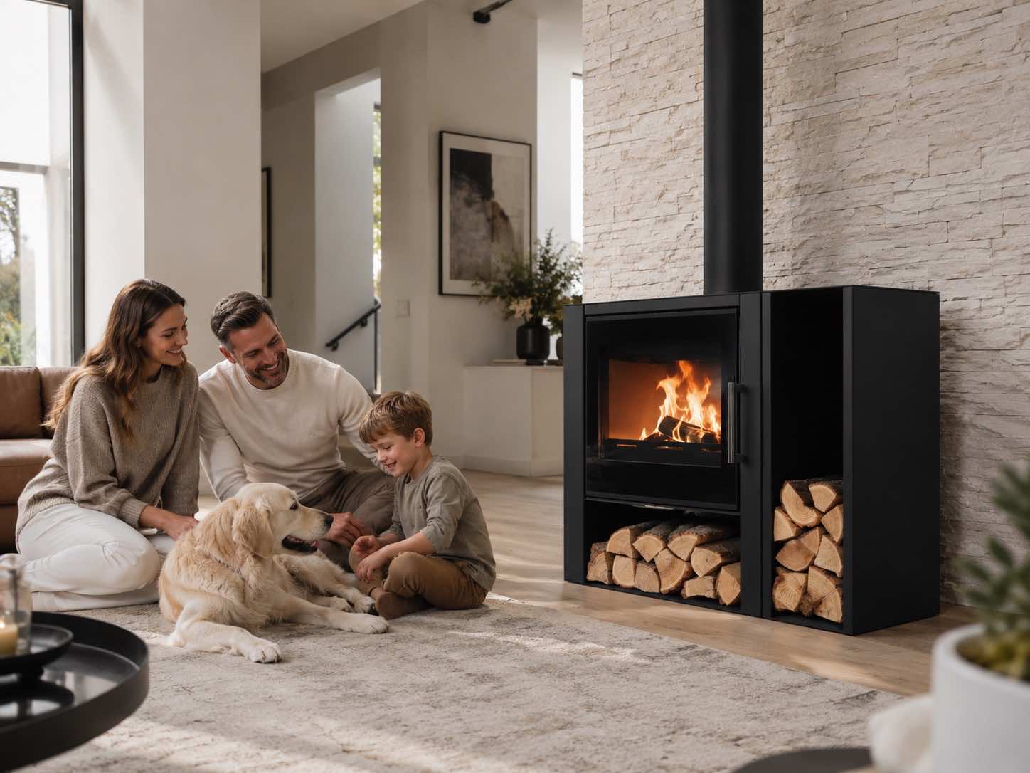 Steel & Fire Dublin kandallókályha modern otthonban családi környezetben