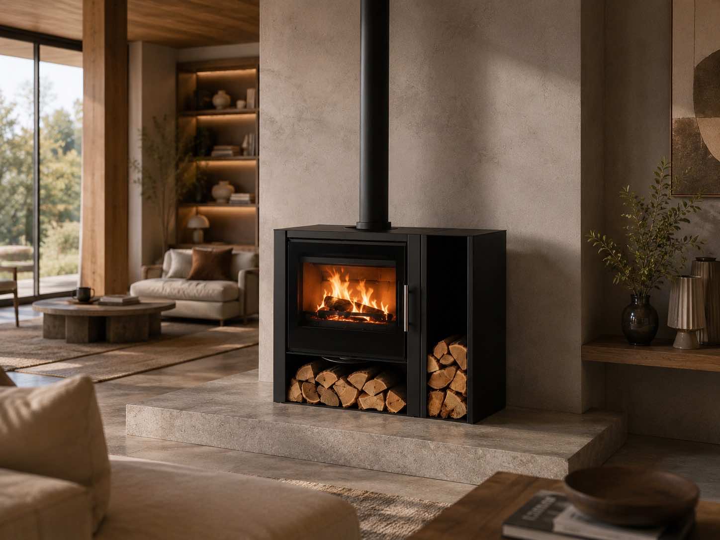 Steel & Fire Dublin kandallókályha fatárolós kialakítással modern nappaliban