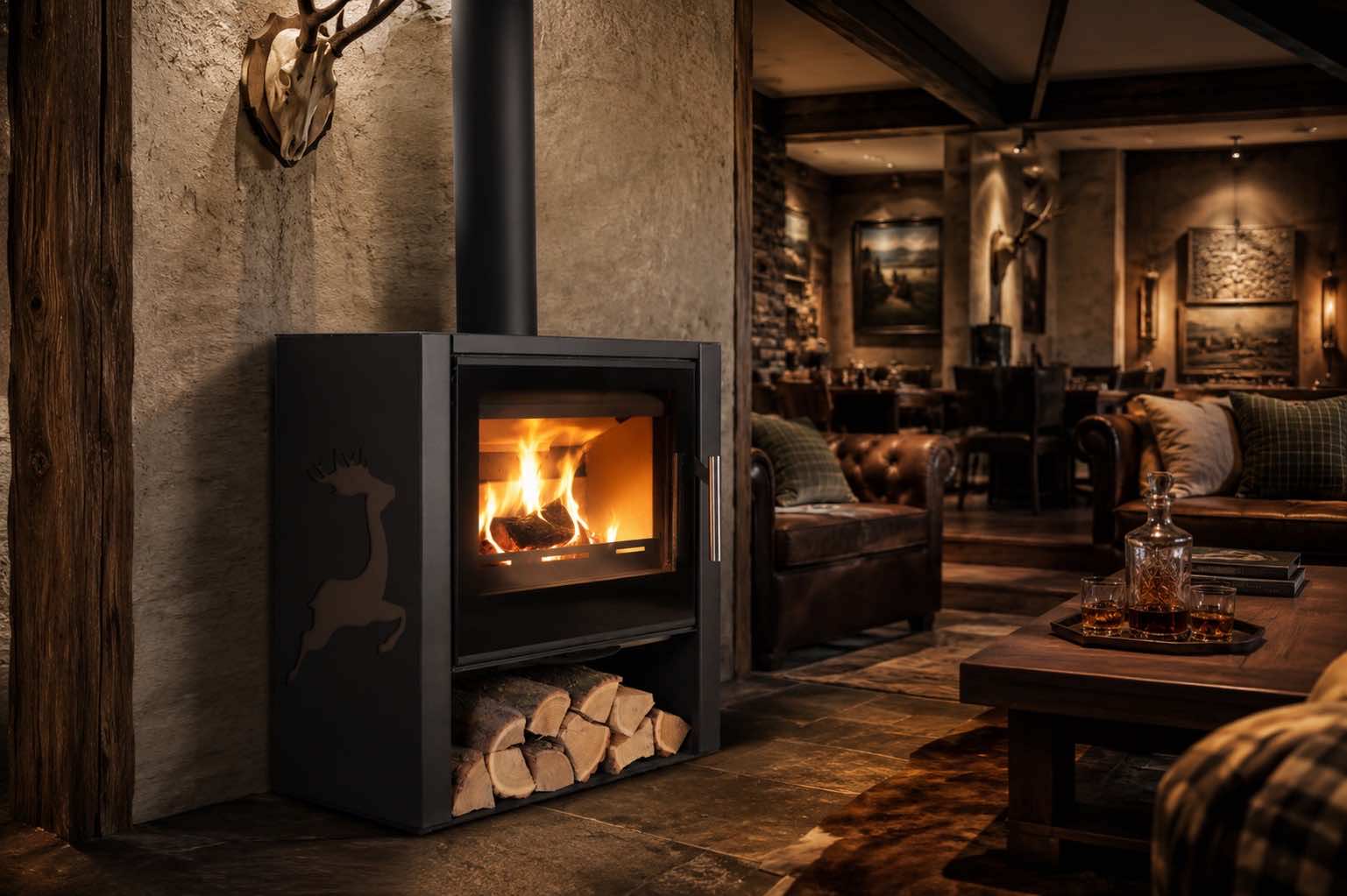 Steel & Fire Dublin kandallókályha vadászház hangulatú enteriőrben